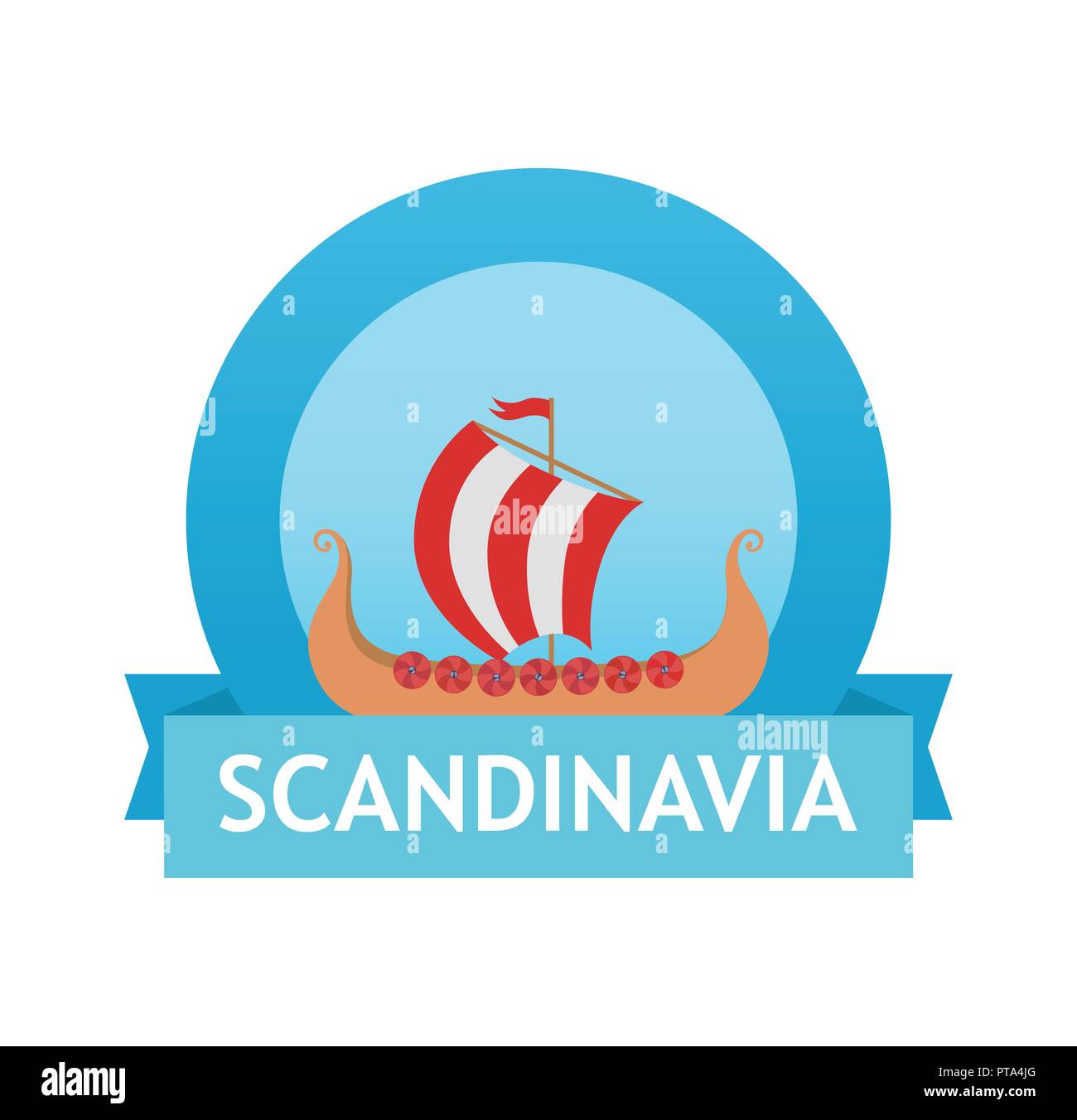 Logo with Scandinavian Ship Drakkar in blue color. Vector Illustration isolated on white. Stock Vector