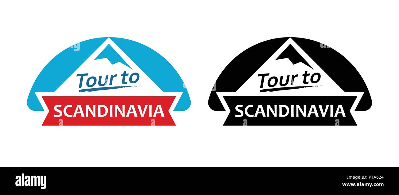 Tour to Scandinavia. Set of Badges, Emblems with north landscapes and captions. Vector Illustrations. Stock Vector