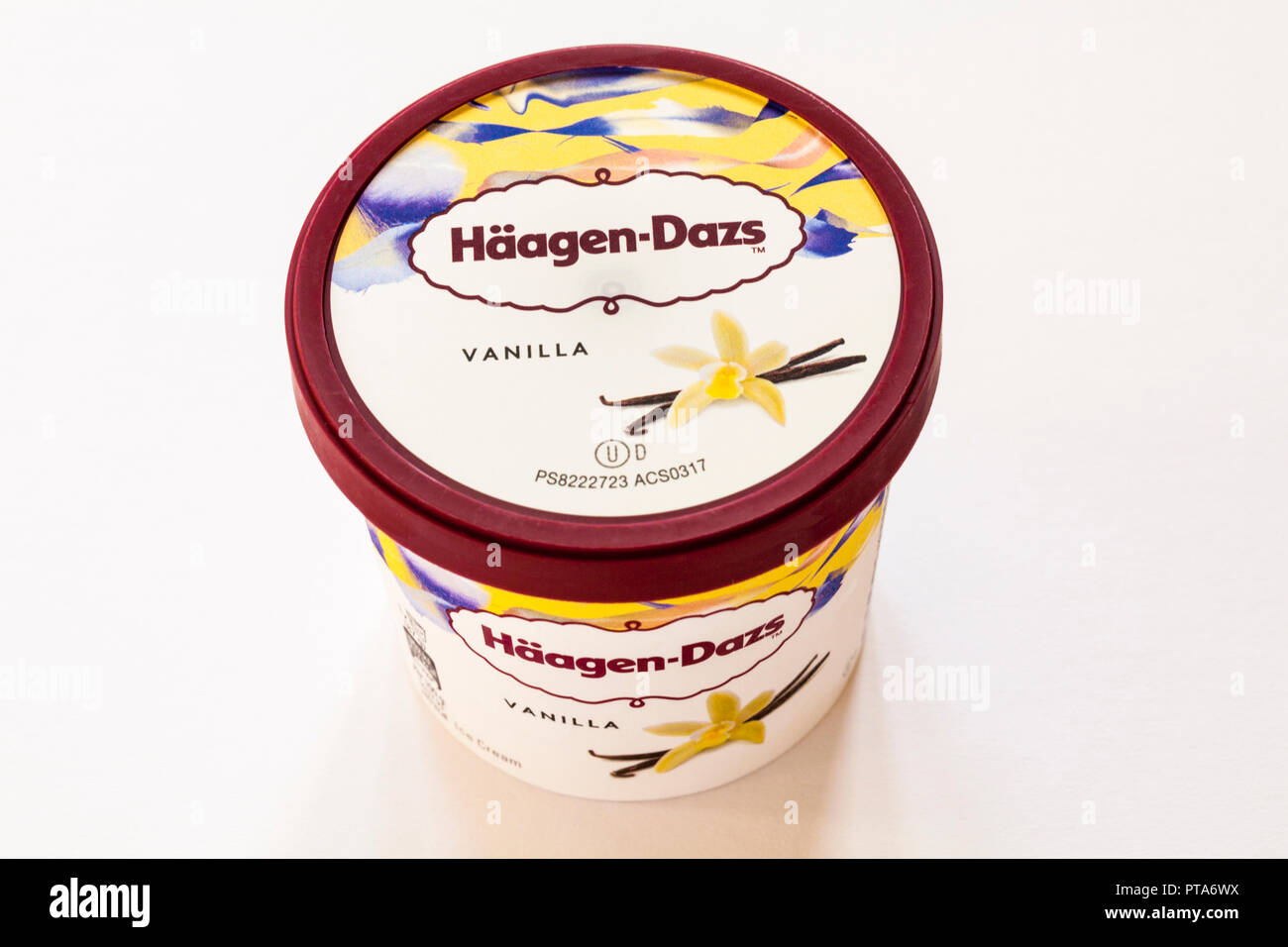 Tub of Haagen-Dazs Vanilla ice cream, part of new vanilla collection mini cups isolated on white background Stock Photo