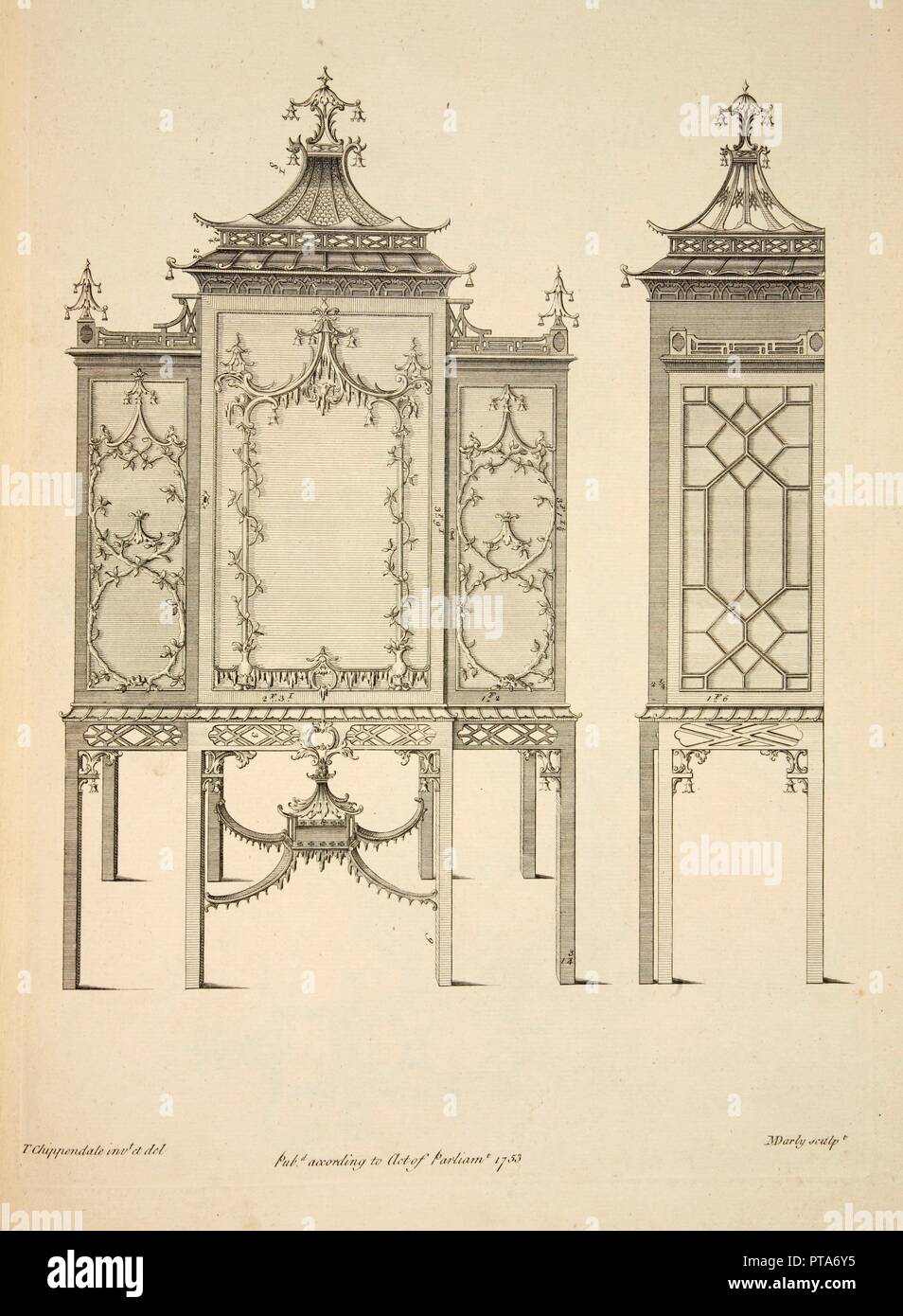 Design for a China Case, pub. 1753 (engraving). Creator: Thomas Chippendale (1718 - 1779) after. Stock Photo