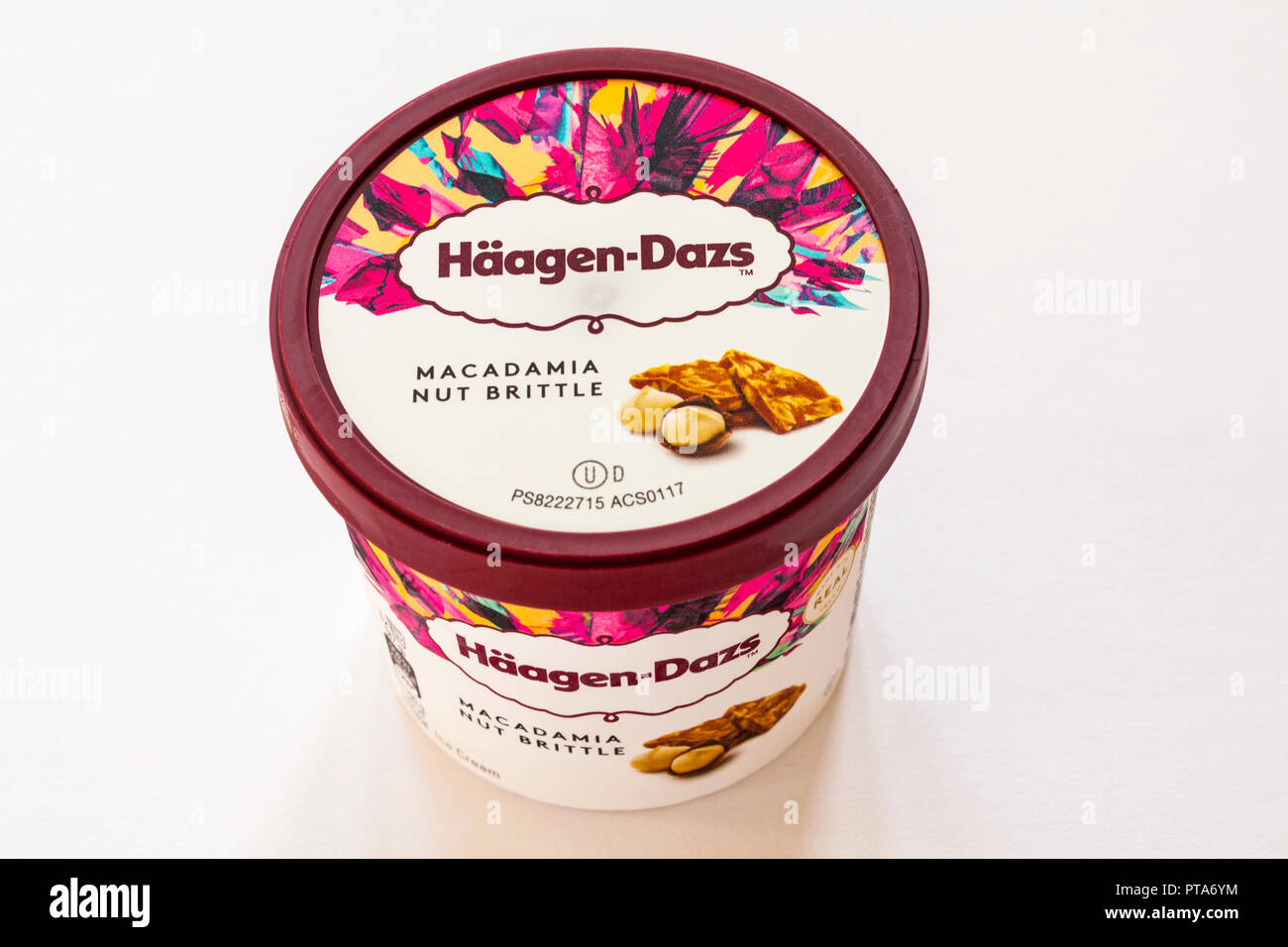 Tub of Haagen-Dazs Macadamia Nut Brittle ice cream, part of new vanilla collection mini cups isolated on white background Stock Photo