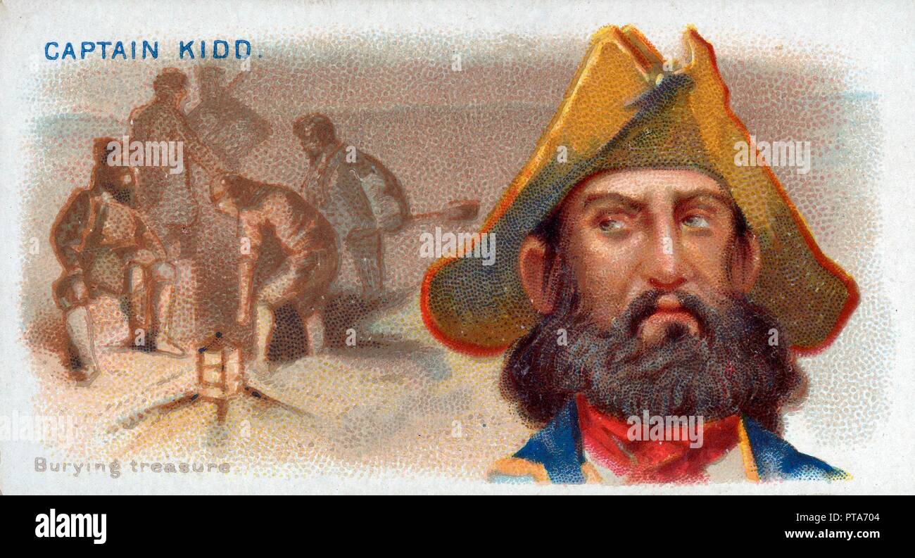 Cigarette Card Captain Kidd, Burying Treasure, pub. 1888 (colour lithograph). Creator: American School (19th Century). Stock Photo