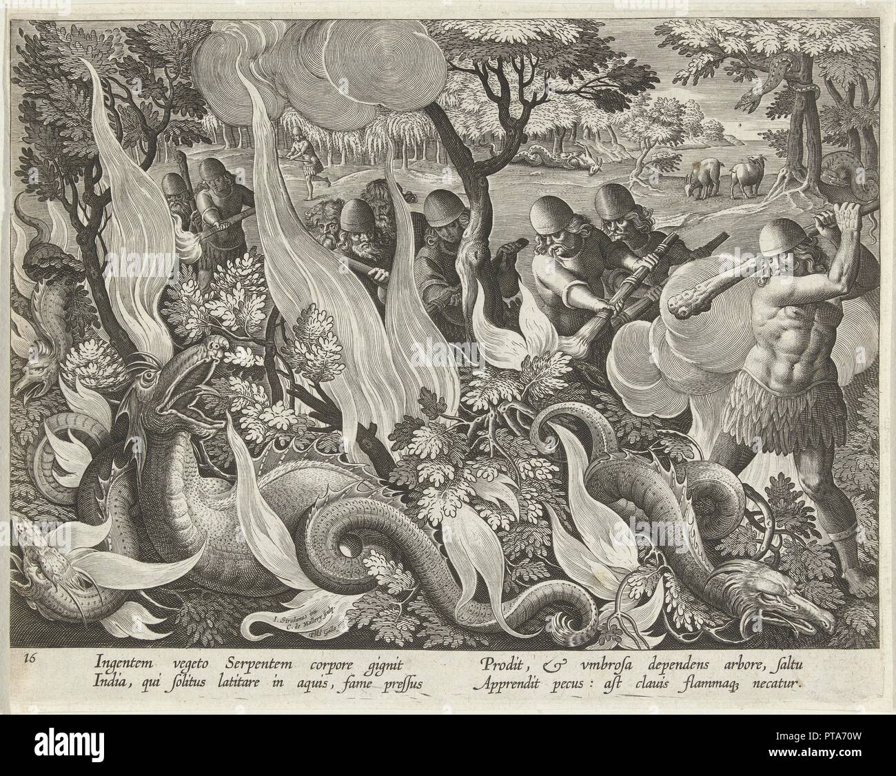Catching Serpents in India Using Clubs and Torches to Light the Undergrowth, pub. 1640 (engraving). Creator: Straet, Jan van der (Joannes Stradanus) ( Stock Photo