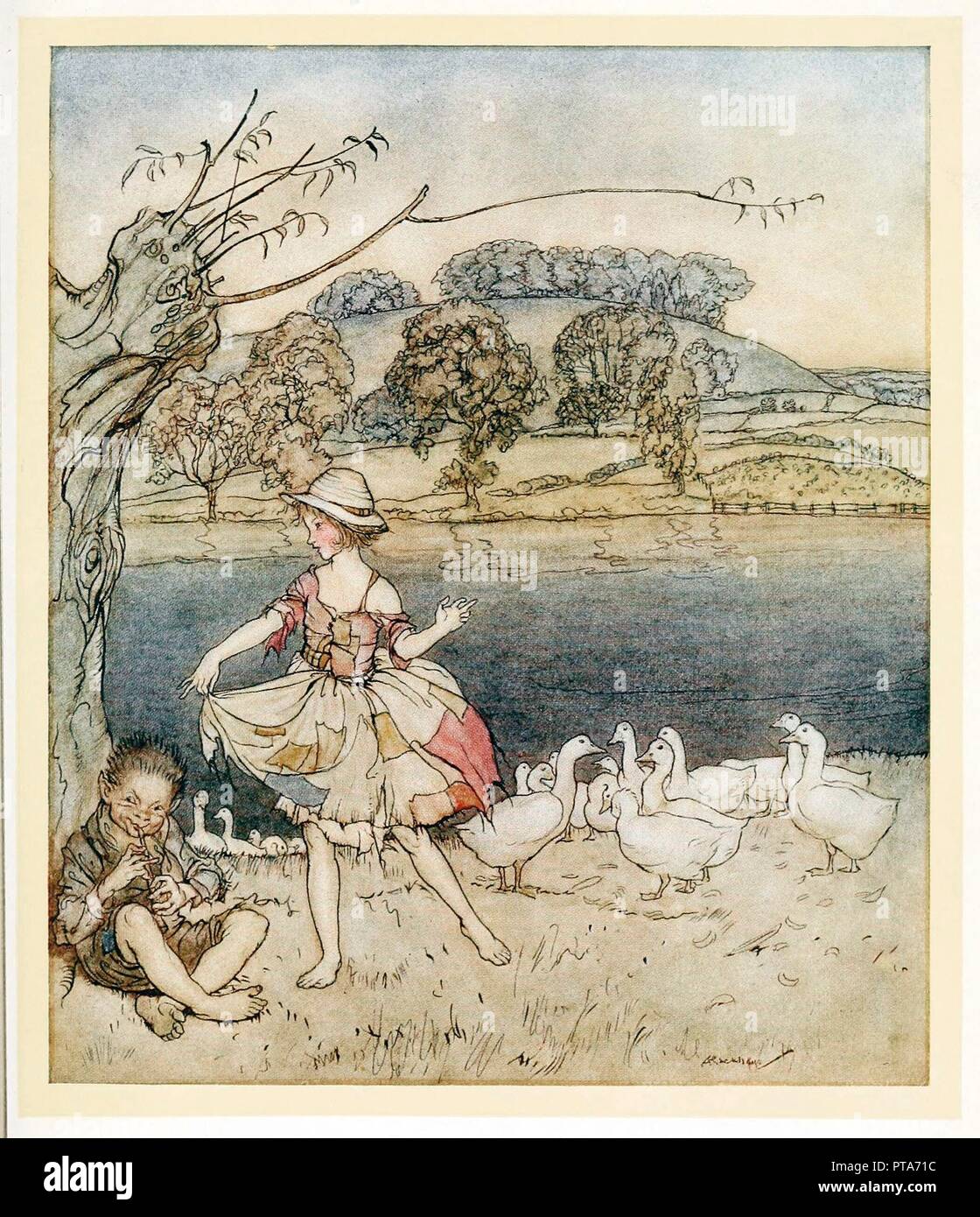 Tattercoats dancing while the goosherd pipes, from English Fairy Tales, pub. 1922. Creator: Arthur Rackham (1867 - 1939). Stock Photo