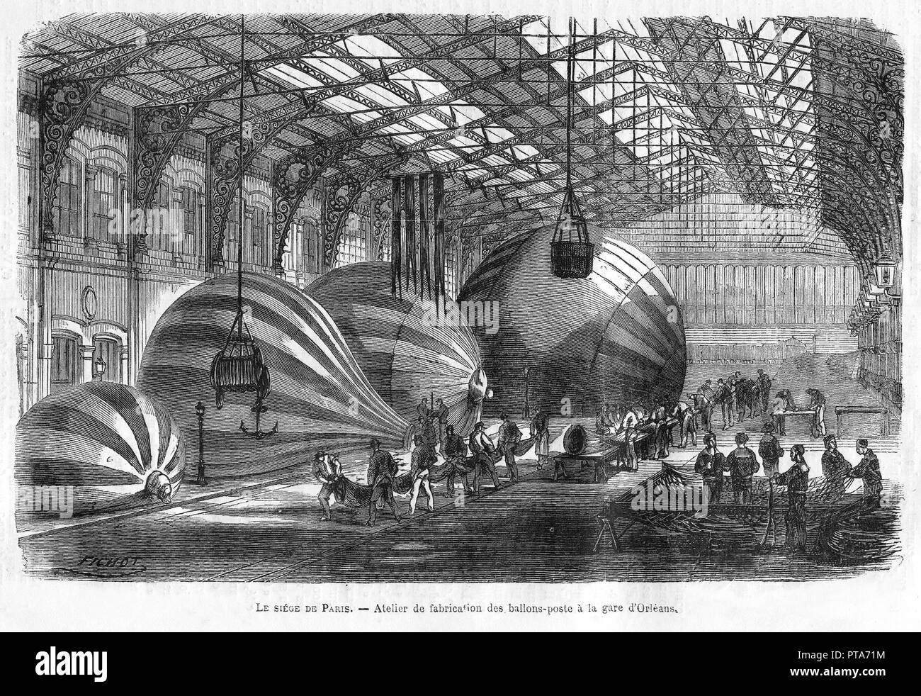 Manufacture of Mail Balloons at Gare d'Orleans during the Siege of Paris, pub. 1871 (engraving). Creator: Charles Fichot (1817 - 1903). Stock Photo