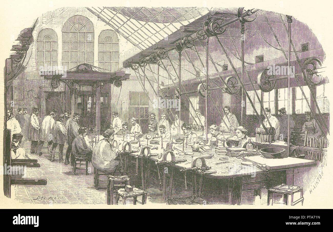 Silversmiths at work at the Christophle Flatware Factory in Paris, pub. 1875. Creator: Edmond Morin (1824 - 1882). Stock Photo