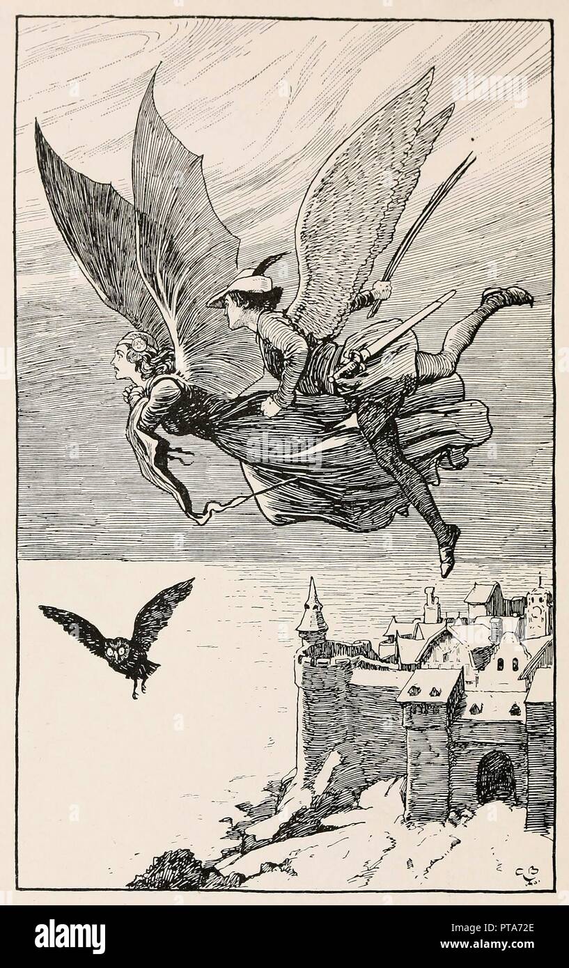 The travelling companion flew behind her, from Fairy Tales from Hans Anderson, pub 1919. Creator: Gordon Browne (1858 - 1932). Stock Photo