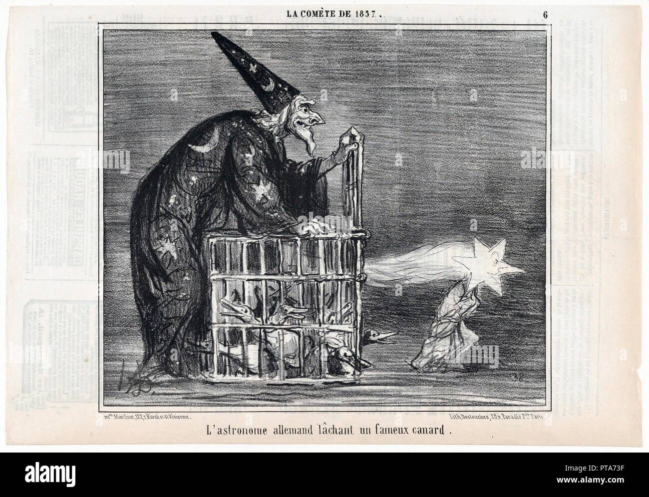 La Comète de 1857, L'astronome allemand lâchant un fameux canard, from  Le Charivari, pub. 1858.  Creator: Honoré Daumier (1808–1879 ). Stock Photo