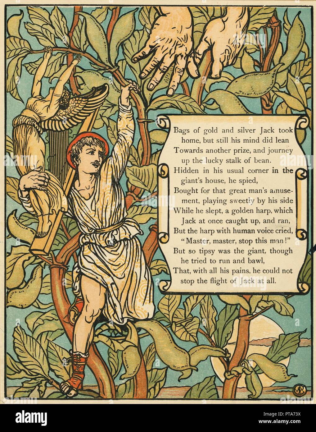 Jack descending the Beanstalk from Jack and the Beanstalk pub. 1875 (colour lithograph), 1875. Creator: Walter Crane (1845 - 1915). Stock Photo