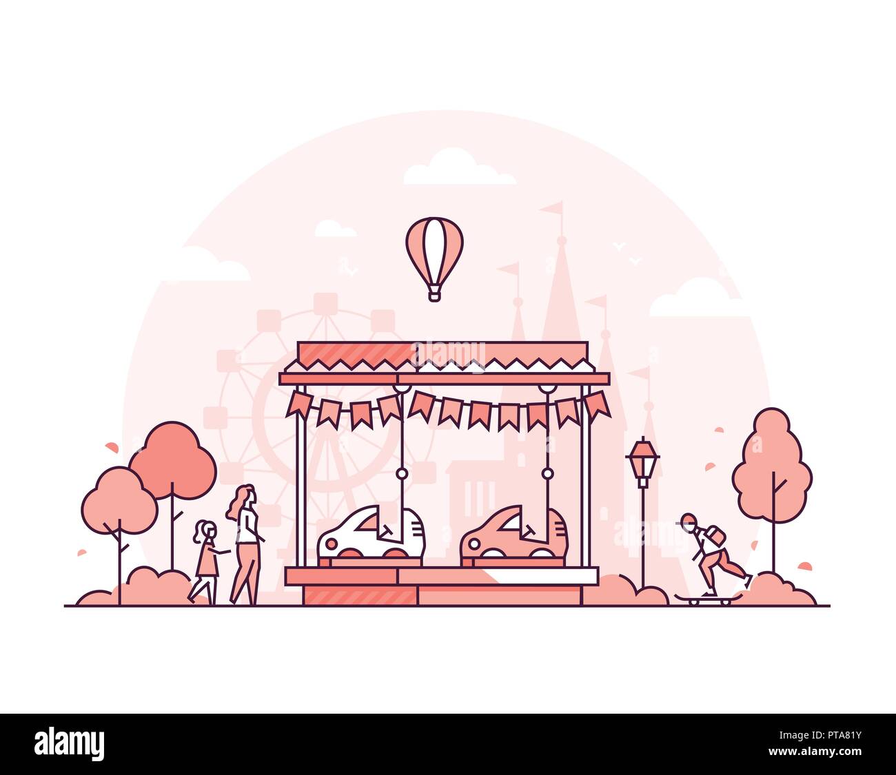Carousel - thin line design style vector illustration on white background. High quality red colored composition with a carting for children, attractio Stock Vector