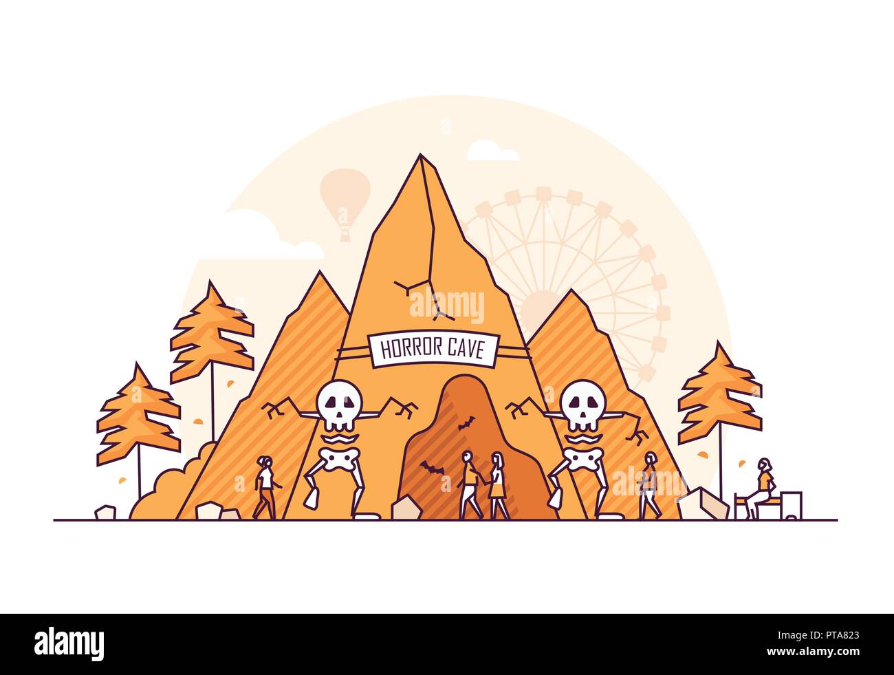 Horror cave - thin line design style vector illustration on white background. High quality orange colored composition with a fun attraction in the amu Stock Vector