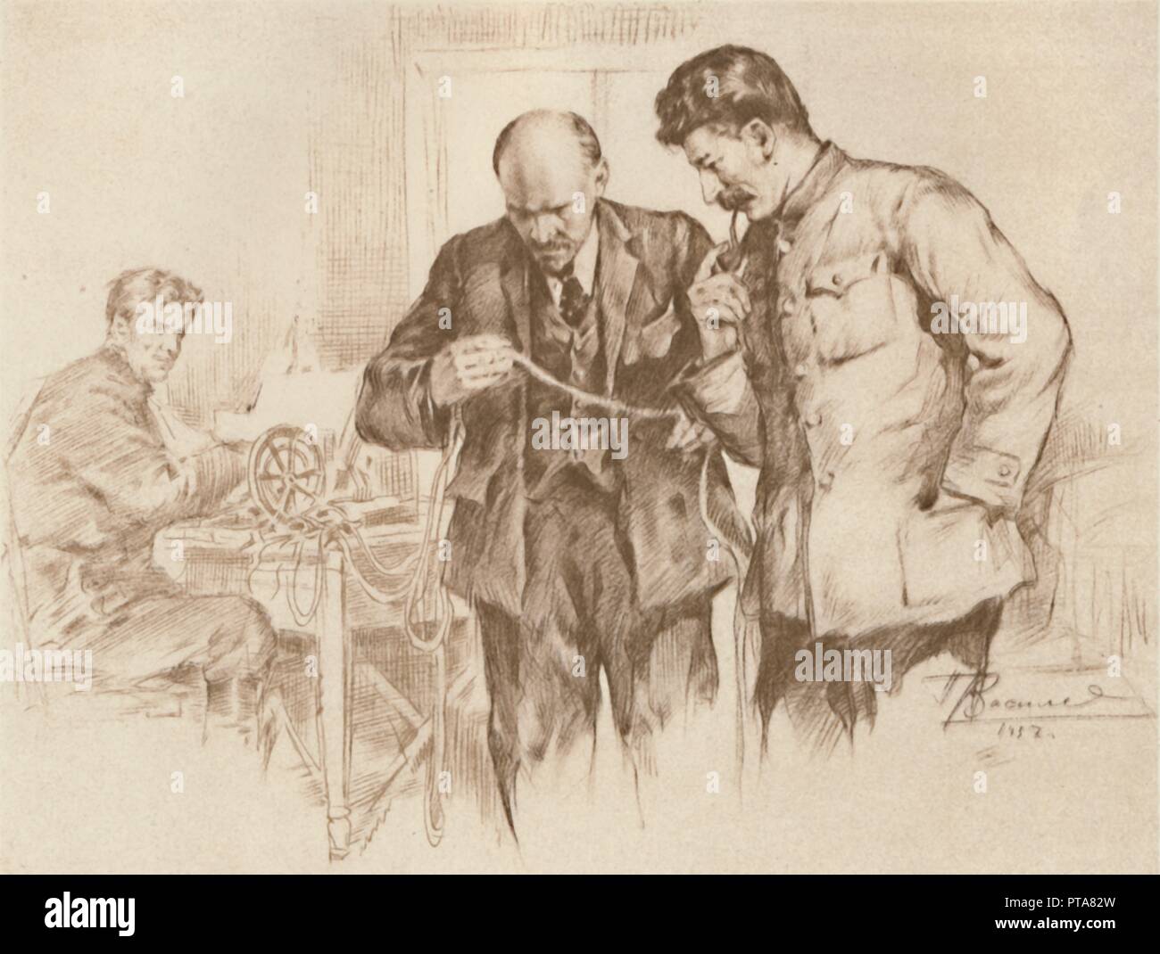 'Lenin and Stalin at the Direct Wire, 1918', (1939). Creator: Pyotr Vasilyev. Stock Photo