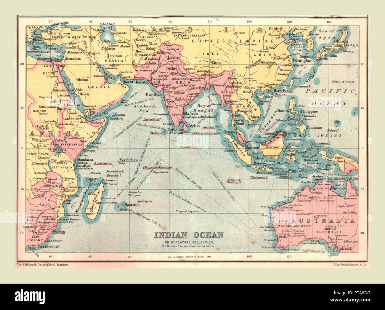 Map Of The Indian Ocean 1902 Showing The Coast Of East Africa Arabia The Indian Subcontinent The Far East And Part Of Australia From The Century Atlas Of The World John Walker Amp Co Ltd London 1902 PTA8DG 