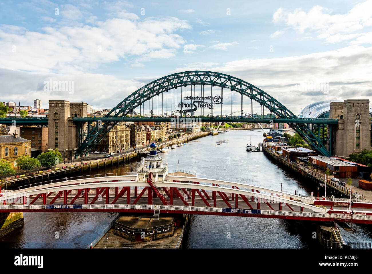 Newcastle upon Tyne, UK August 27 2018 Tyne Bridge along Tyne River, distinctive Newcastle upon Tyne, UK August 27 2018 Tyne Bridge along Tyne River, distinctive