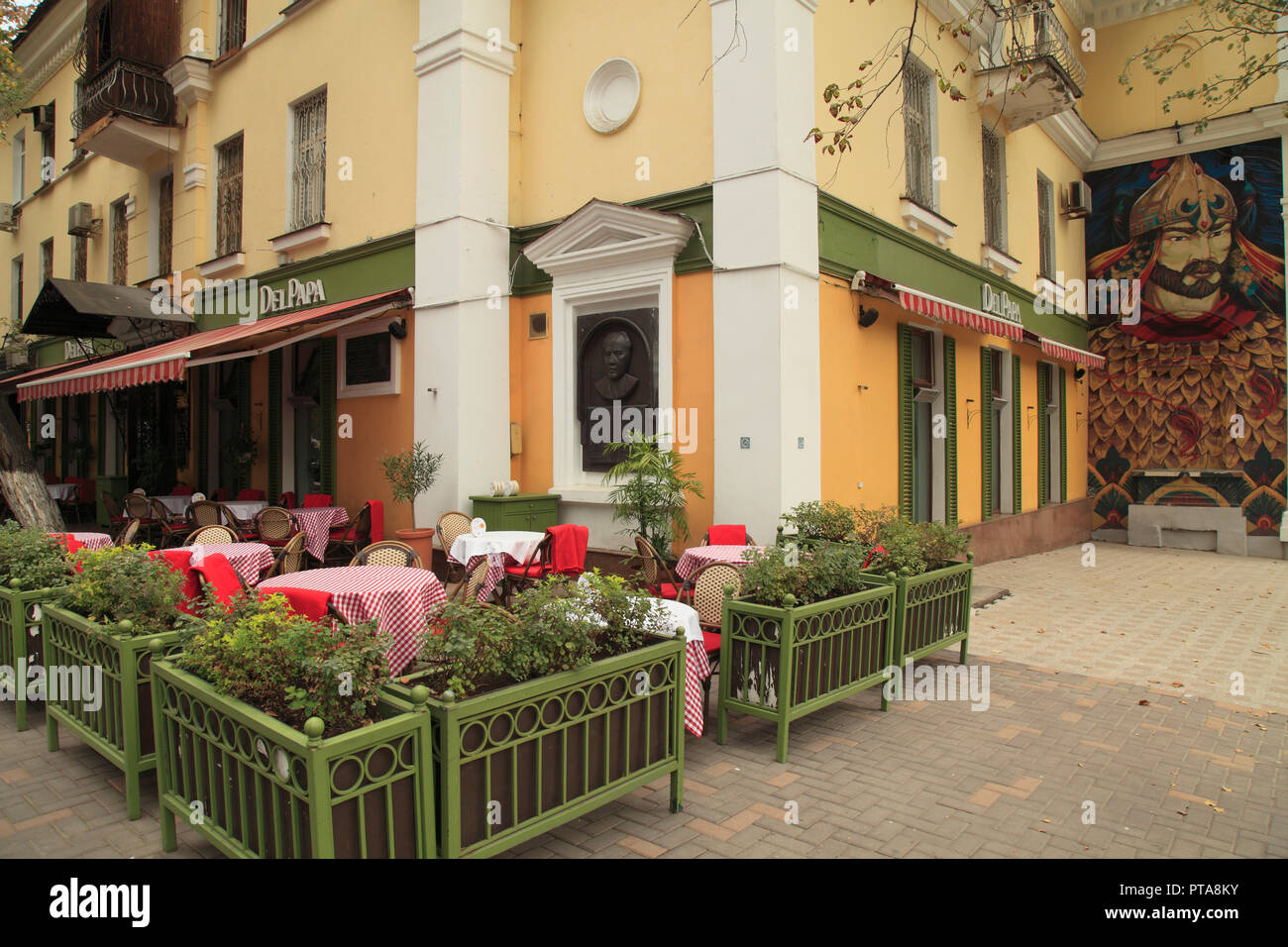 Kazakhstan; Almaty, restaurant terrace, street scene, Stock Photo