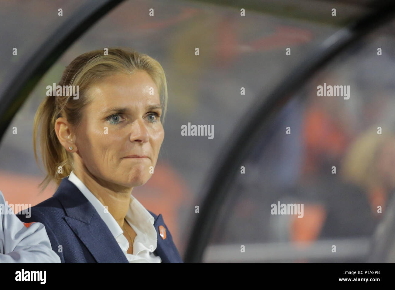 Netherlands coach, Sabrina Wiegman, looks the football match against Denmark, in Breda, 5th of October 2018. Stock Photo