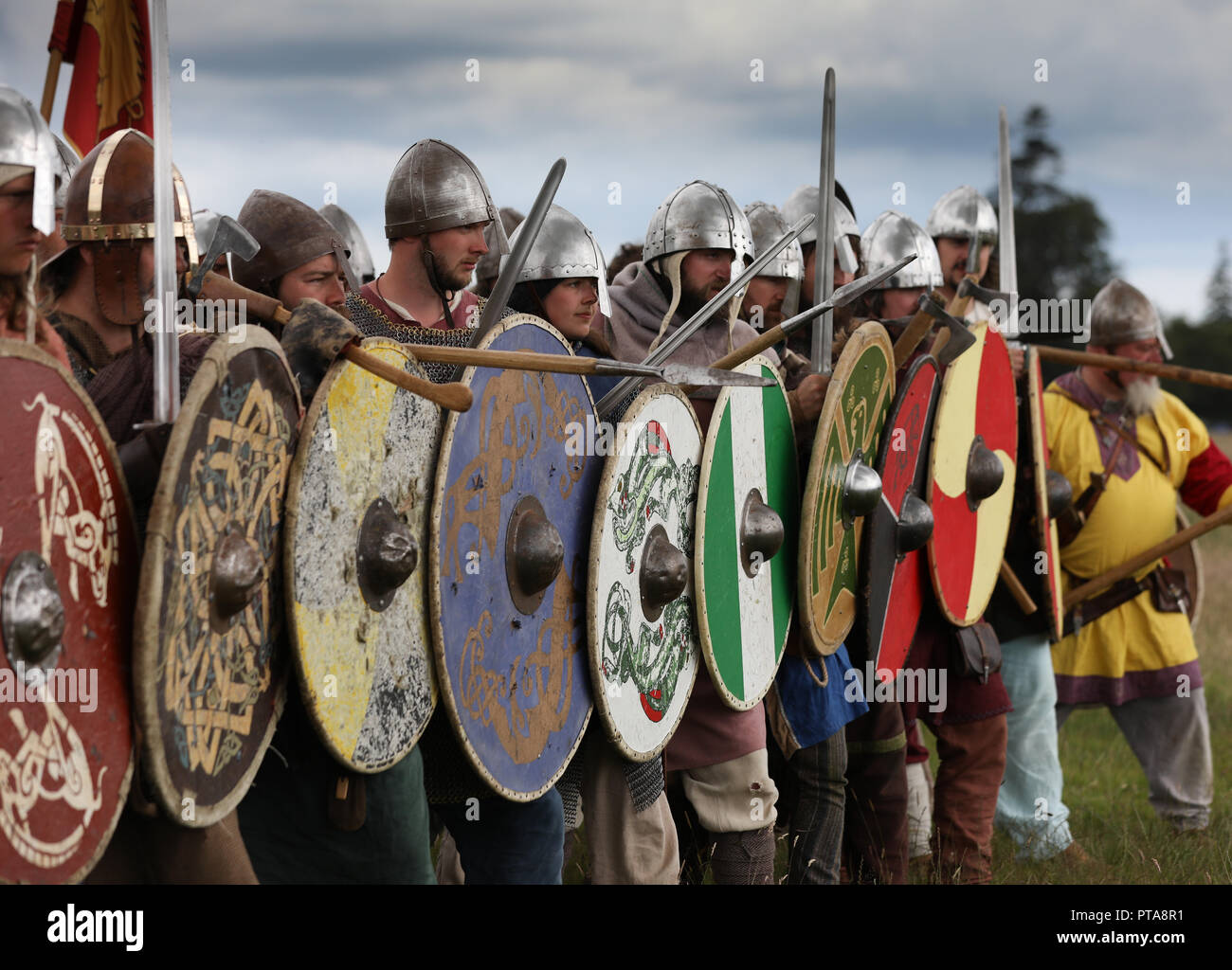 Vikings formed in to a  shield wall Stock Photo