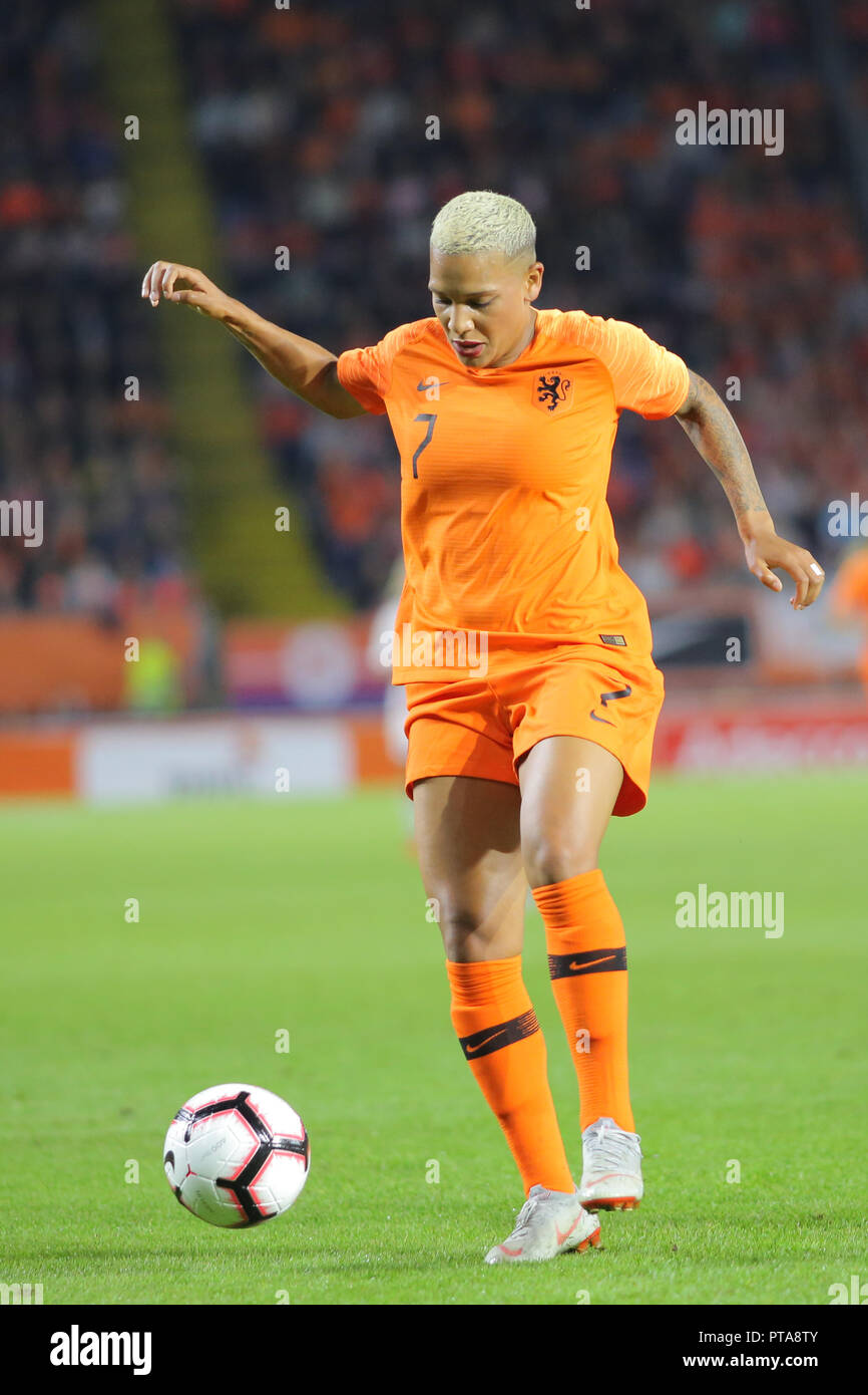 Netherlands midfield, Shanice van de Sanden, stand with the ball during a football match against Denmark, in Breda, 5th of October 2018. Stock Photo