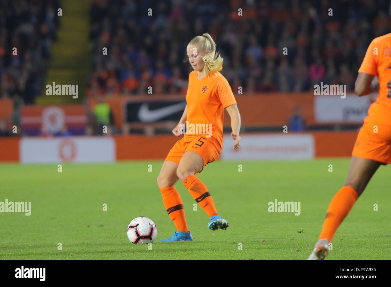 Netherlands midfield, Kika van Es, stand with the ball during a football match against Denmark, in Breda, 5th of October 2018. Stock Photo