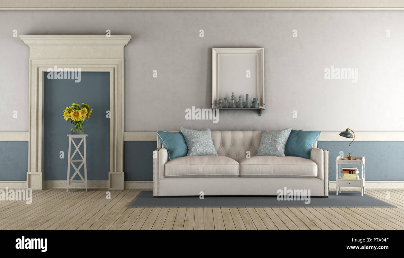 White and blue classic living room with fabric sofa and stone portal - 3d rendering Stock Photo