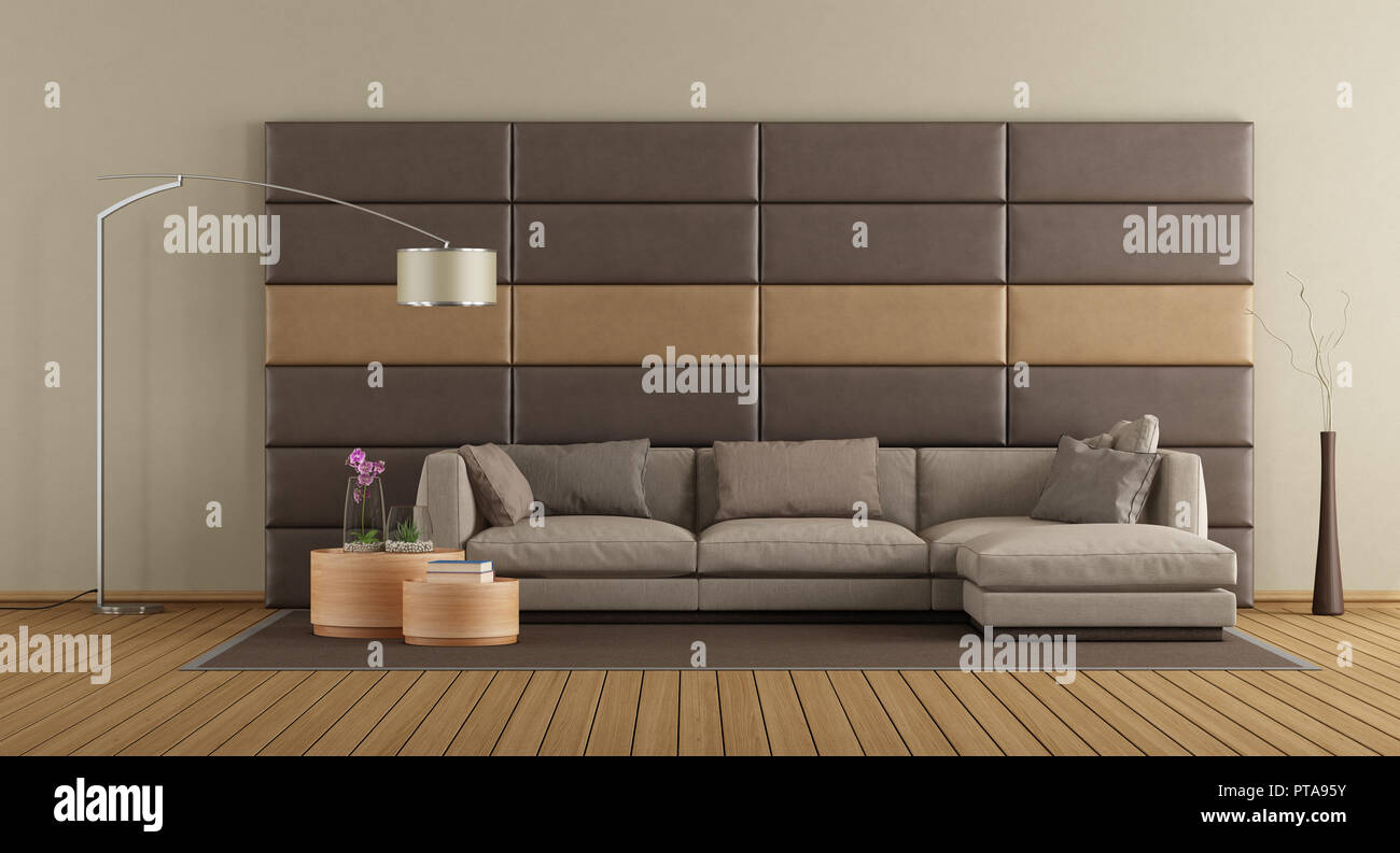 Modern living room with brown sofa against leather panels - 3d ...