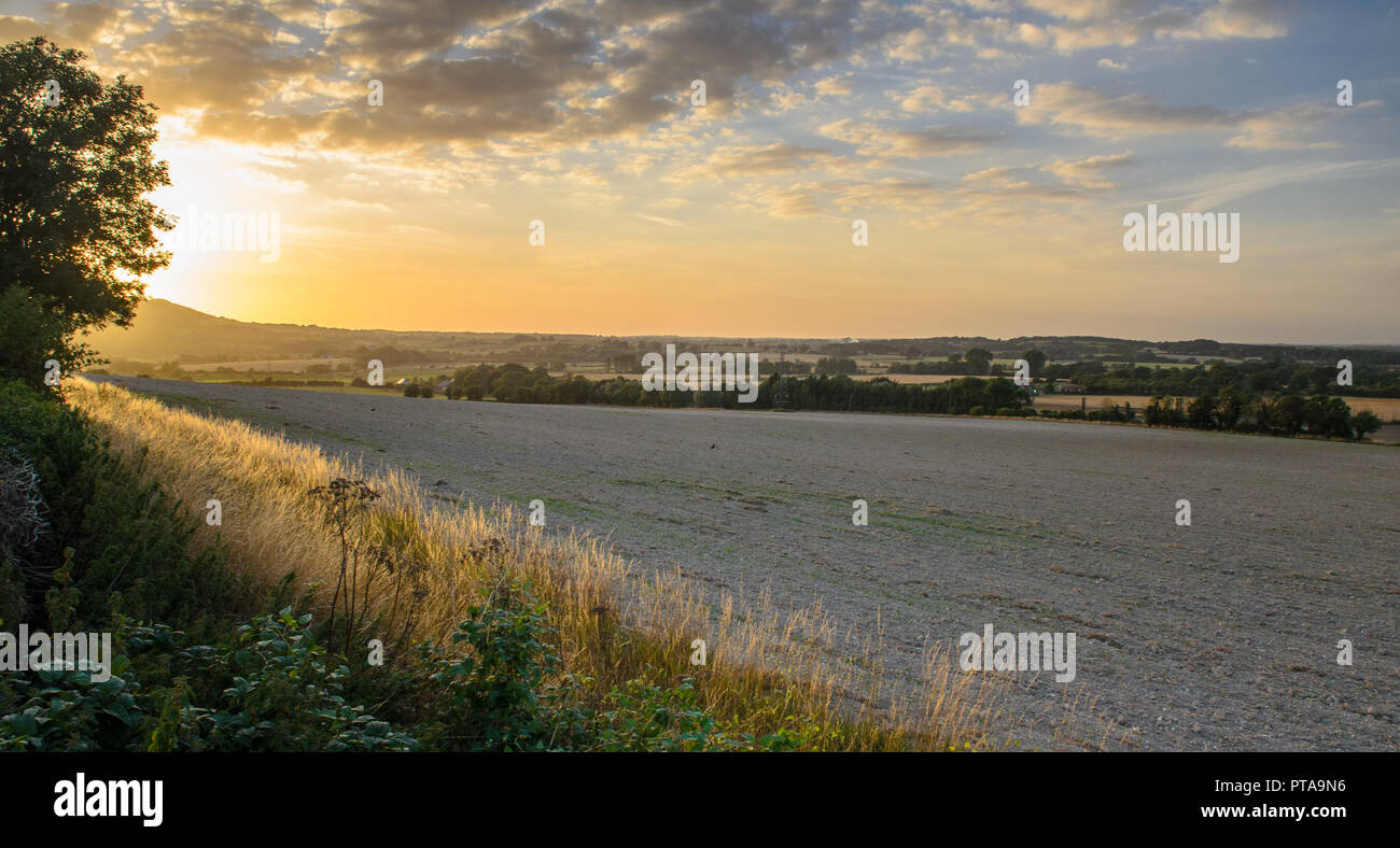 The sun sets over fields in the agricultural landscape of the Ouse
