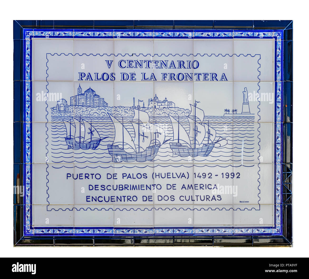 Tiled plaque commemorating the 500th aniversary of the dicovery of America by Christopher Columbus in 1492 Stock Photo