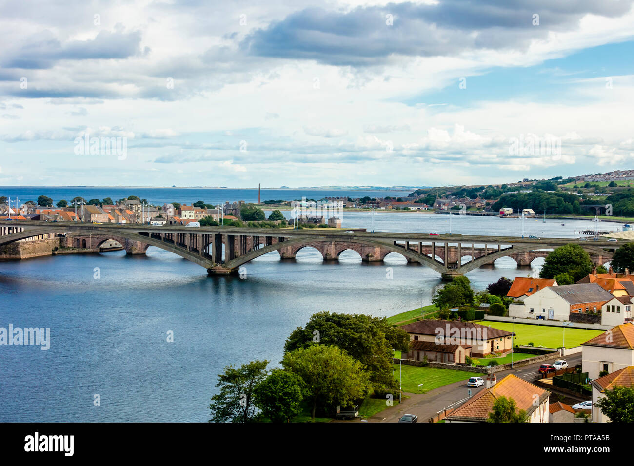 Berwick-upon-Tweed, UK - August 25 2018: aerial urban cityscape of Berwick city centre architecture featuring Royal Tweed Bridge and River Tweed Stock Photo