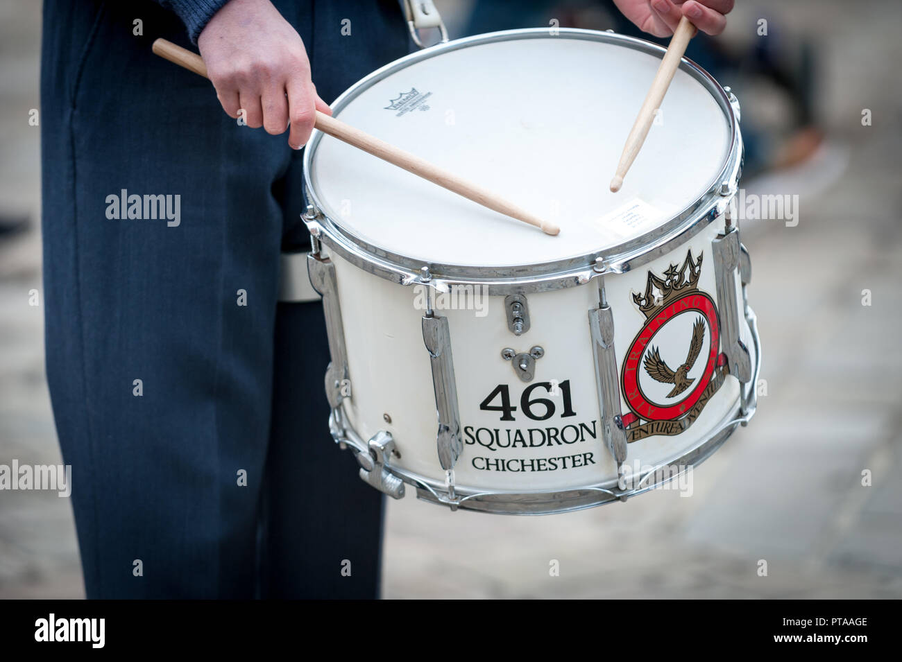 An air cadet playing a drum during a parade. Stock Photo