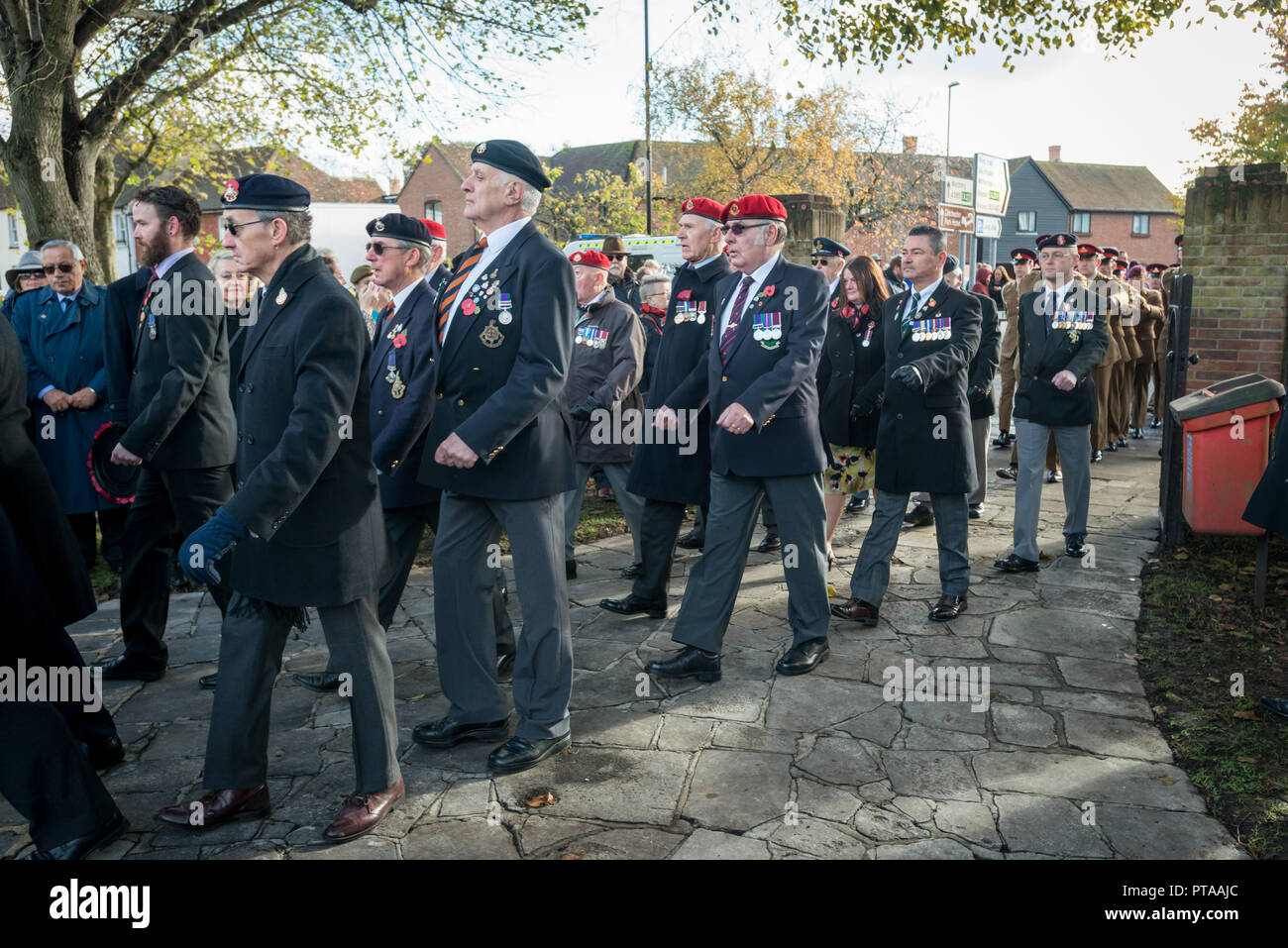 Remembrance Sunday parade, veterans march through the city of Chichester, West Sussex, UK. Stock Photo