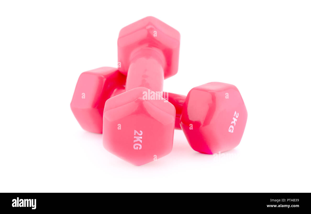 Two plastic coated dumbbells isolated on white background. Stock Photo