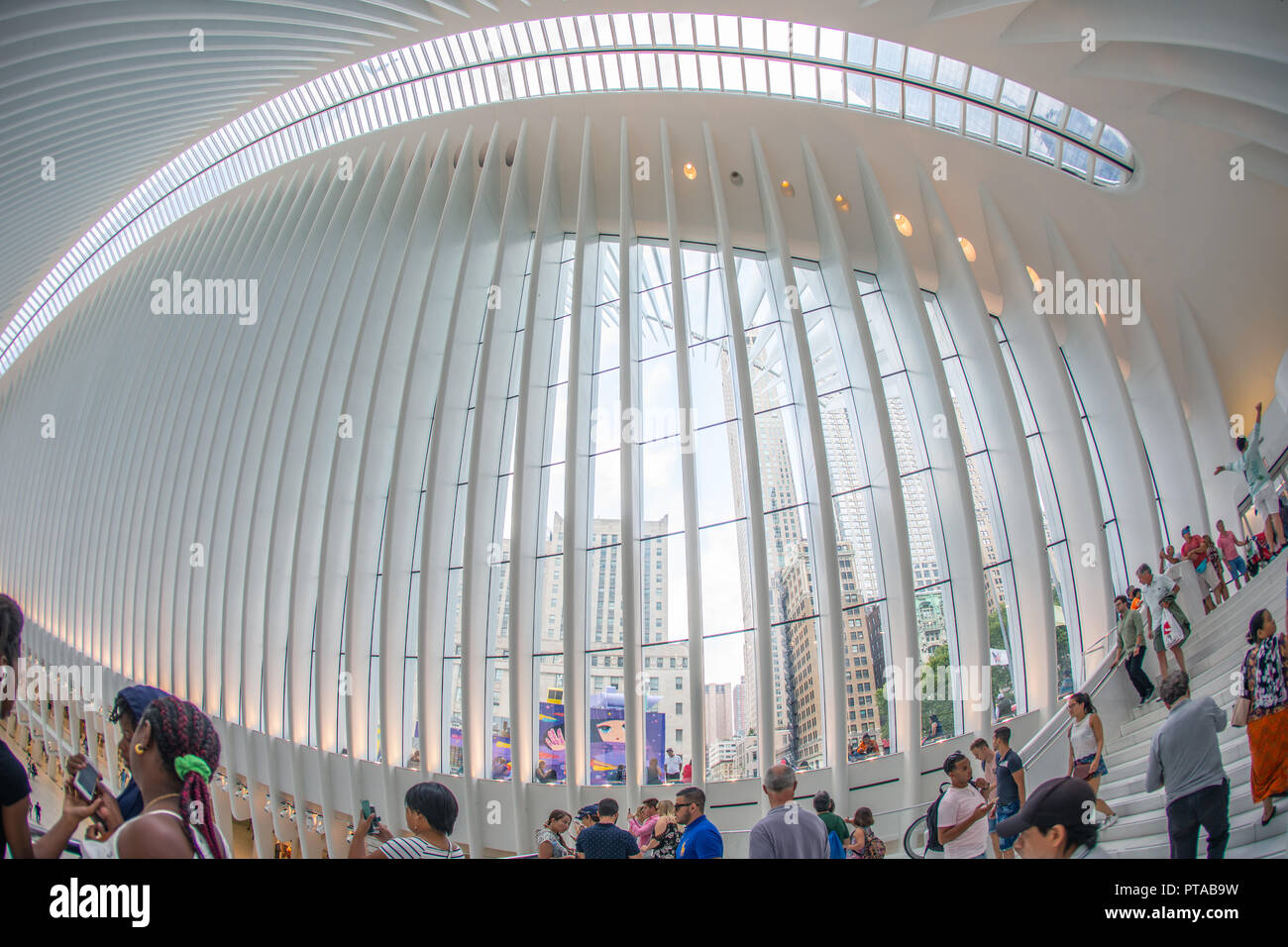 NEW YORK - August 2018: Inside Oculus shopping mall Westfield during busy day, World Trade Center Transportation Hub in New York, USA Stock Photo