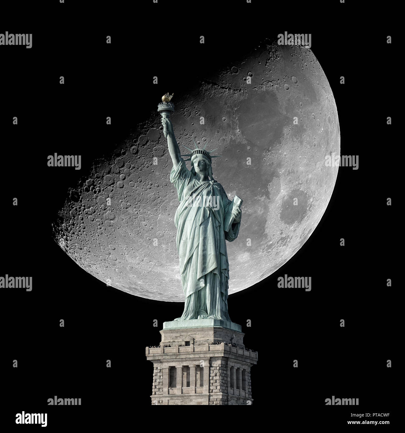 Statue of Liberty and Moon on the black night sky. Stock Photo