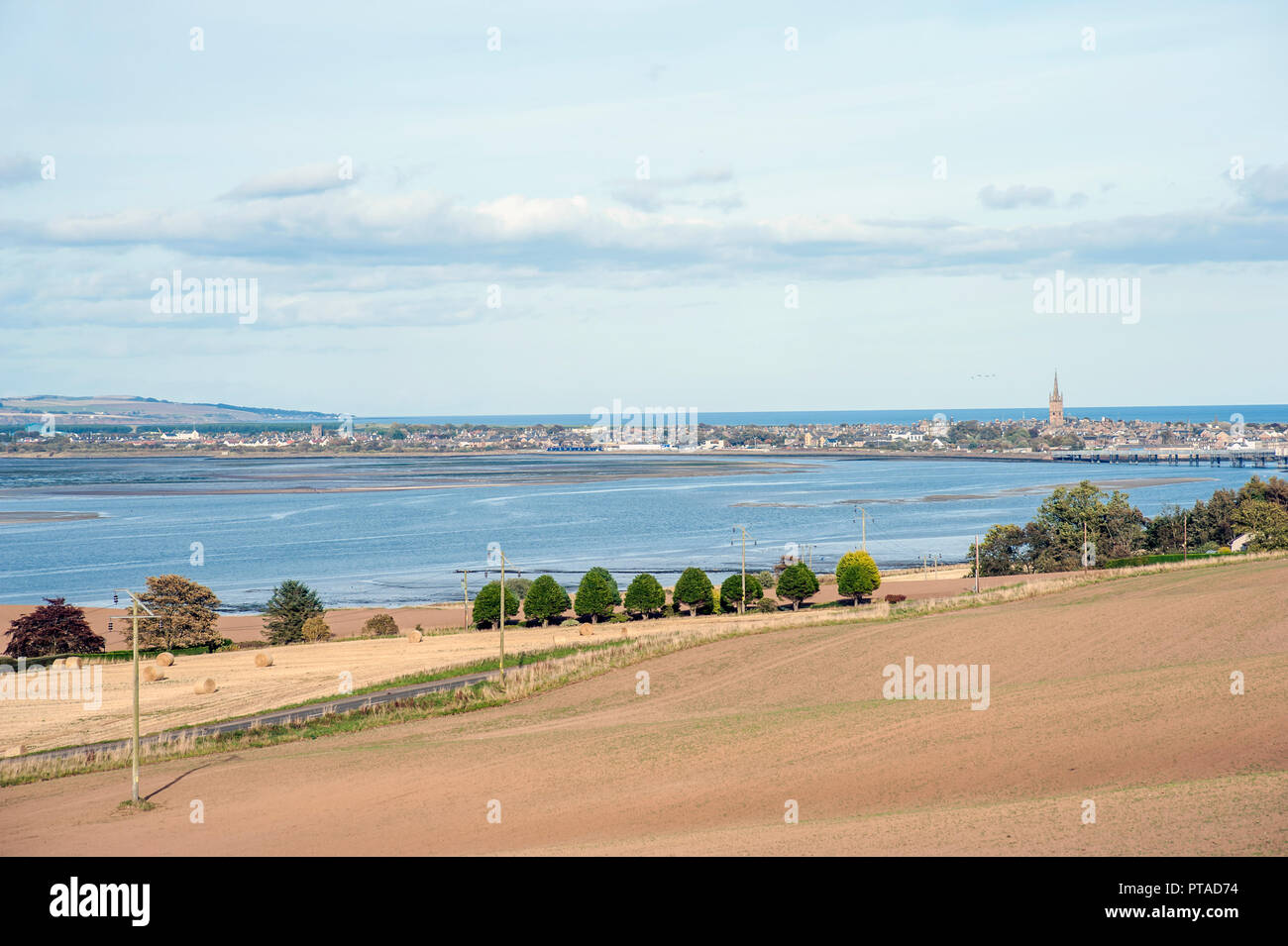 Views over Montrose Basin to the town of Montrose from arable fields. Stock Photo