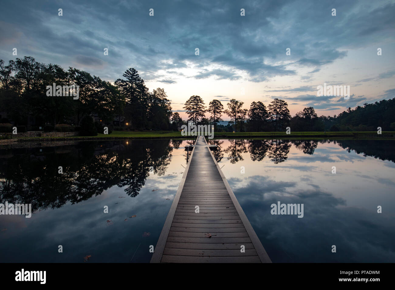 Straus Lake reflections at sunset - Brevard, North Carolina, USA Stock Photo