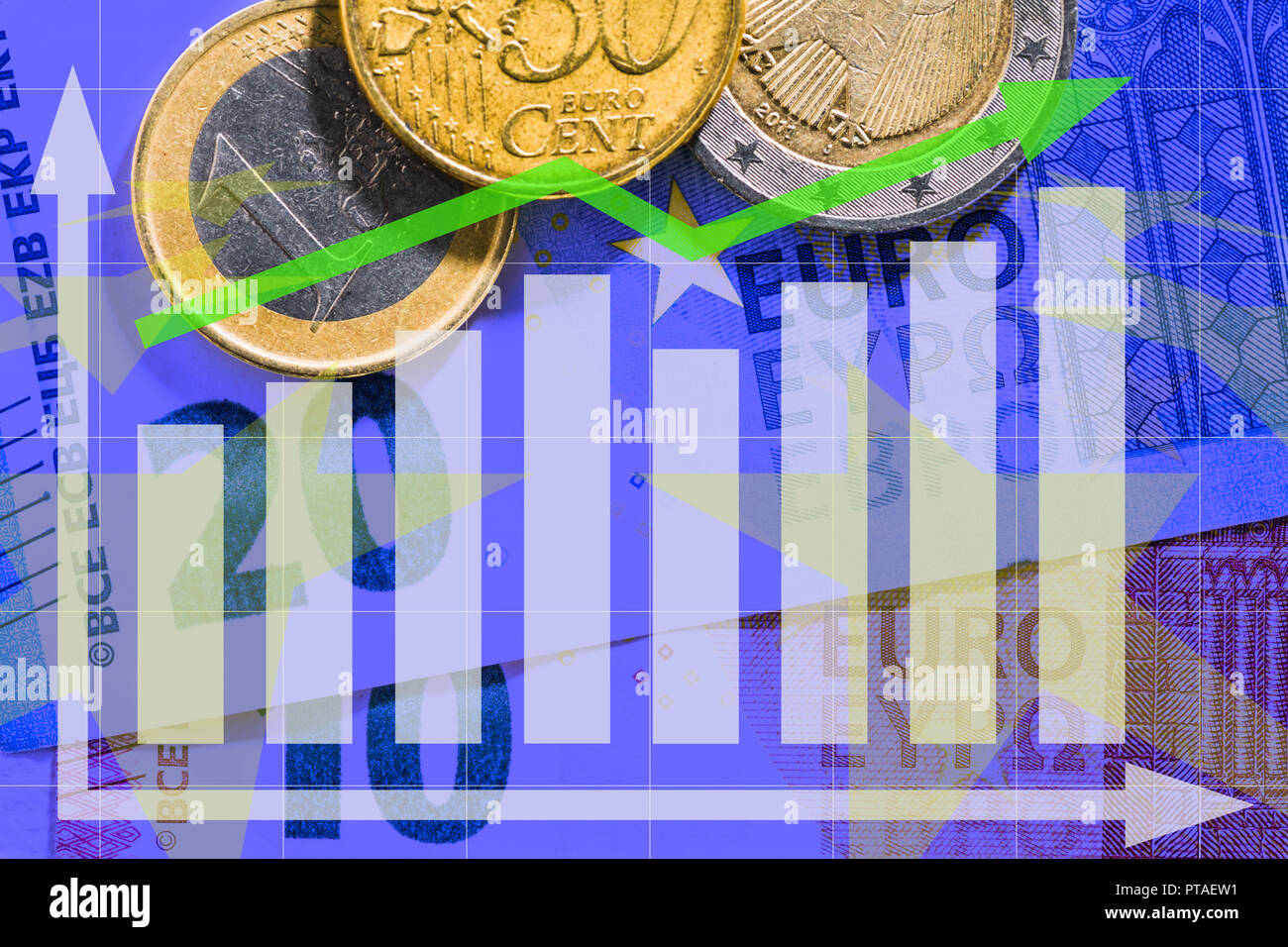 Euro notes and coins with diagram Stock Photo