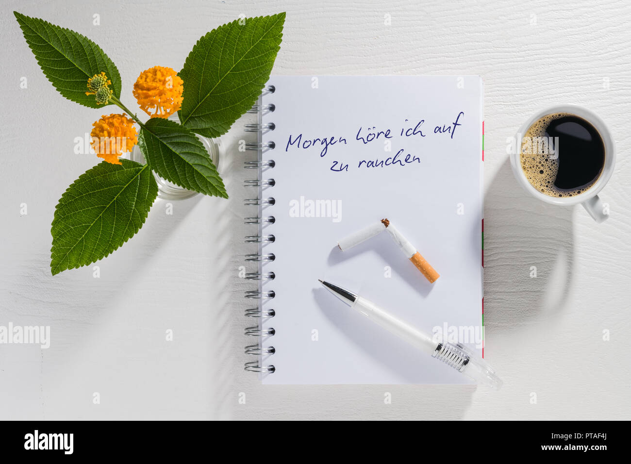 Writing pad with New Year's resolution with coffee cup and flowers on a white table Stock Photo
