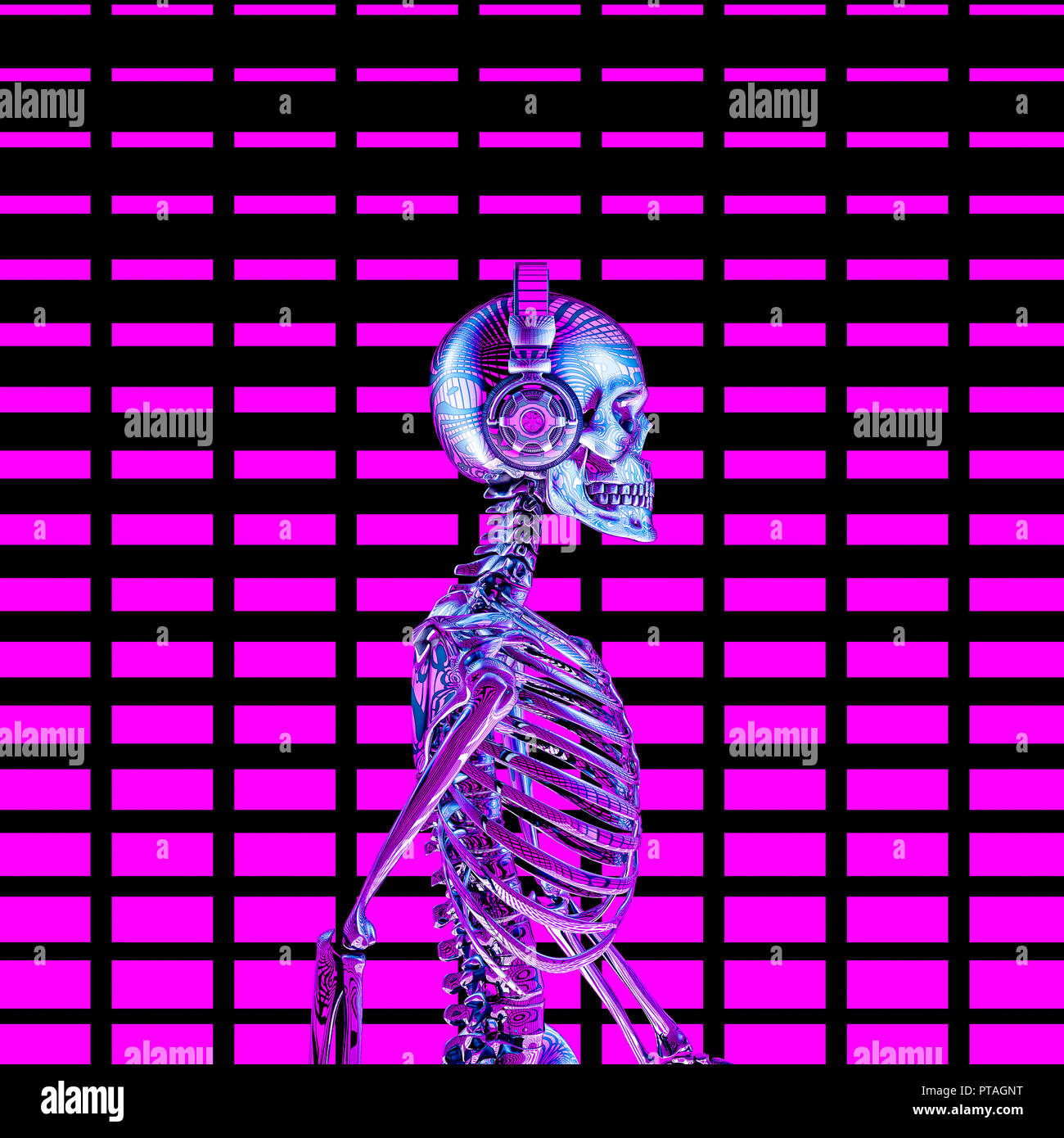 Eighties neon disco headphone skeleton / 3D illustration of chrome metal male skeleton wearing headphones with glowing volume bar background Stock Photo