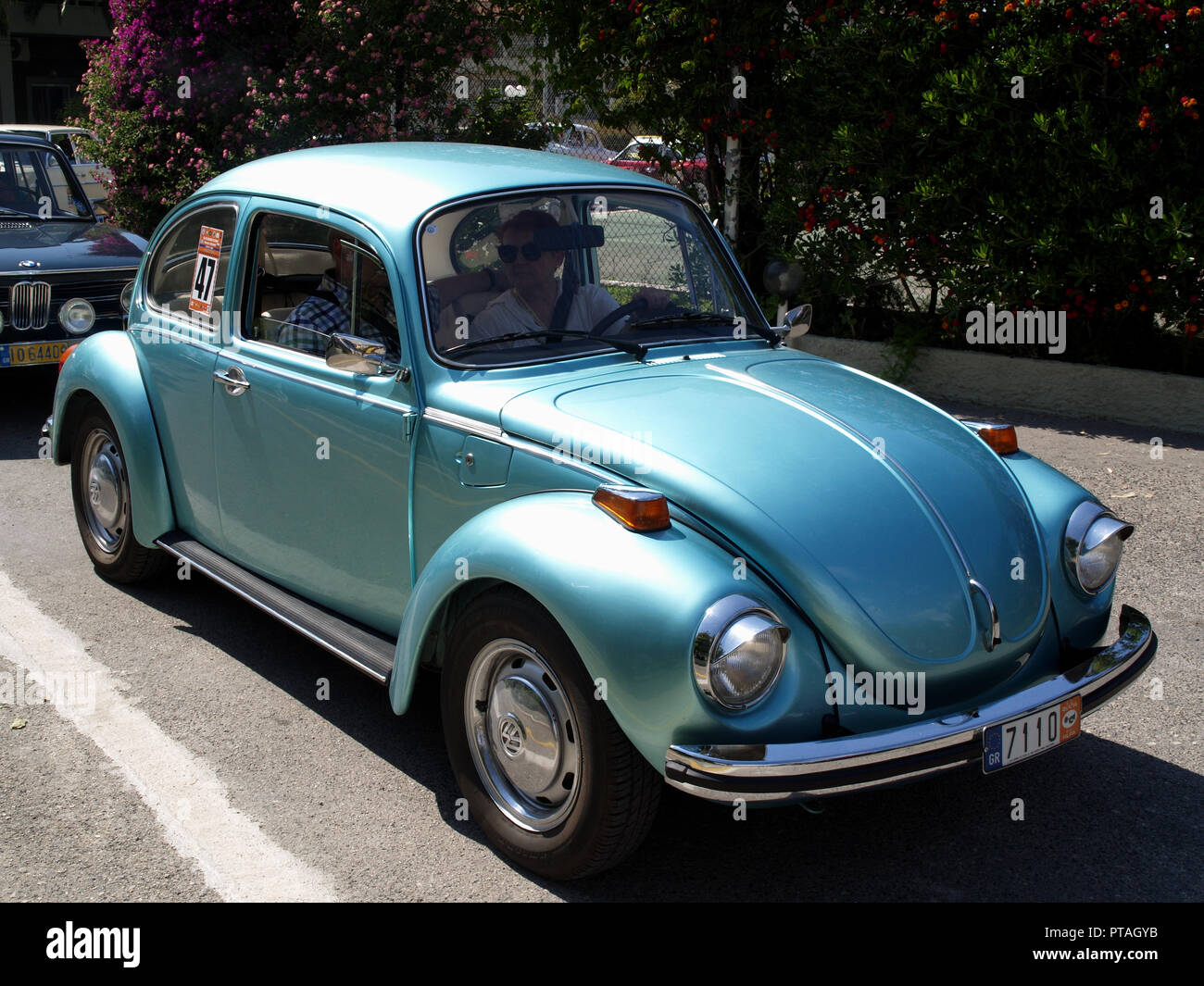 Vintage Volkswagen Beetle on display at the 8th Hellenic Bulgarian LEKAM classic car rally at the Acharavi Park Hotel, Acharavi, Corfu, Greece Stock Photo