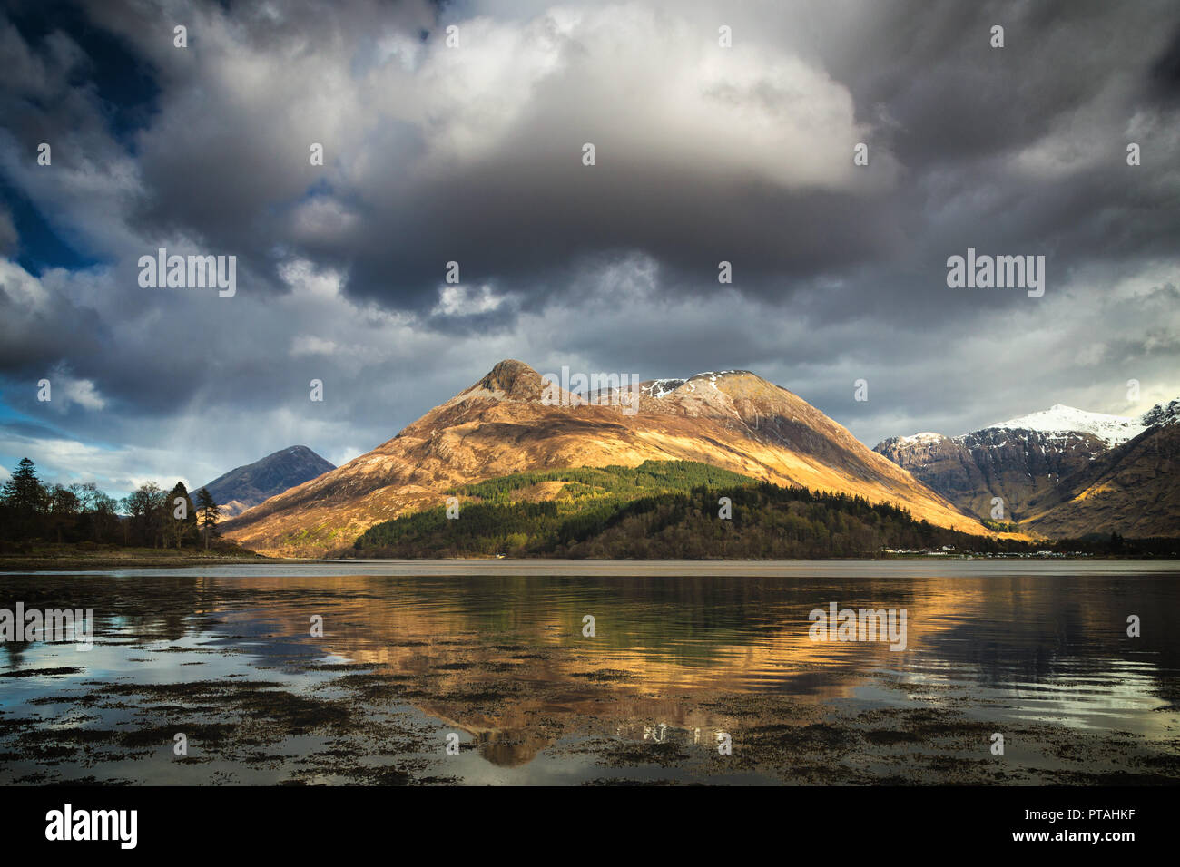 View on Pap of Glencoe mountain by the Loch Leven, Highlands of Scotland. Stock Photo