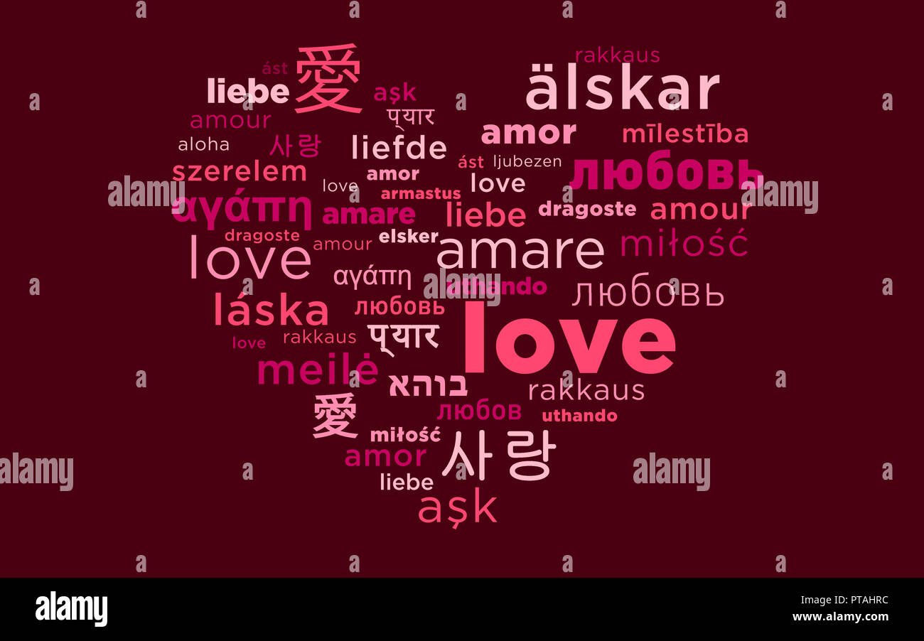 The word love in many languages in heart shapes. Romantic motive. Stock Photo