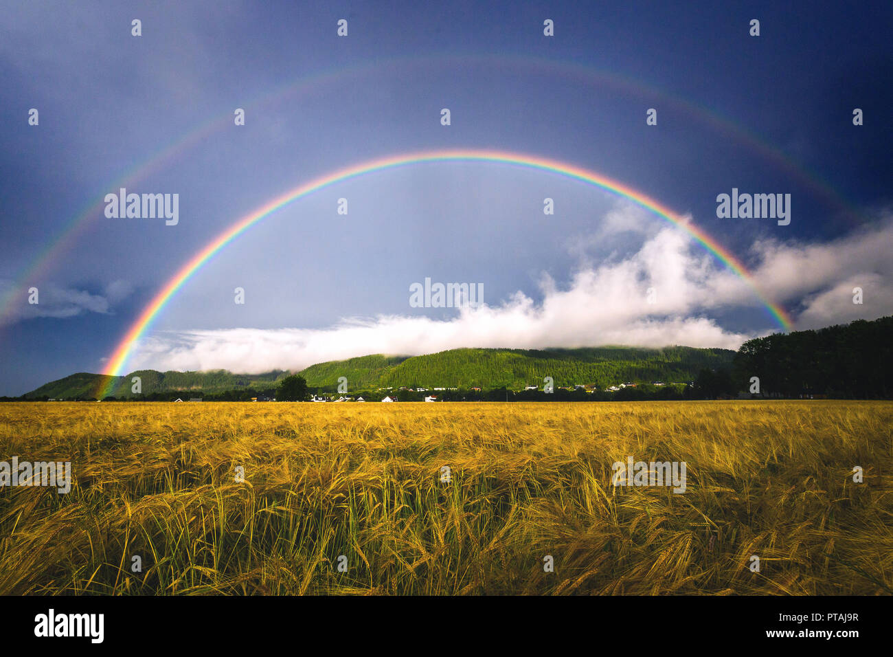Fantastic double rainbow above fields in Ranheim, Norway Stock Photo