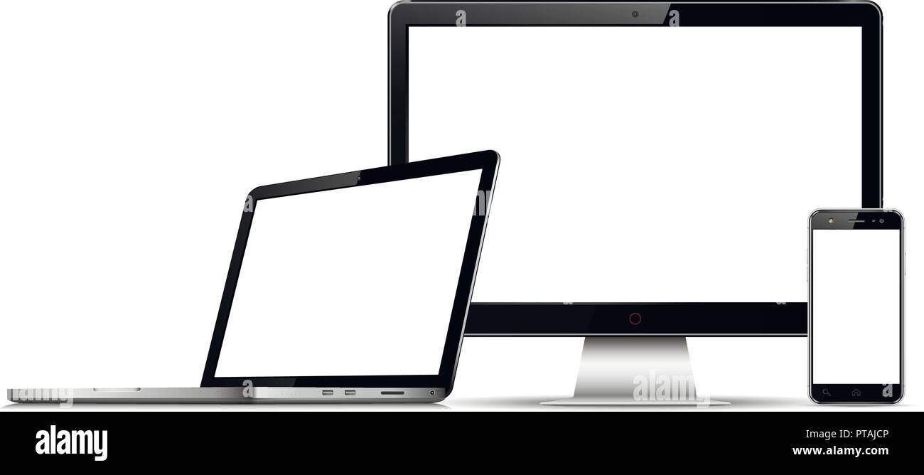 Computer monitor, laptop and mobile phone with blank screen Stock Vector