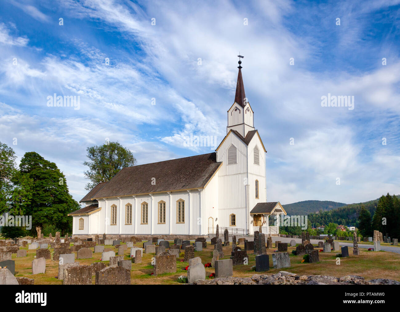 White wooden Lunde Church (Lunde kyrkje) in Nome, Telemark County, Norway, Scandinavia Stock Photo