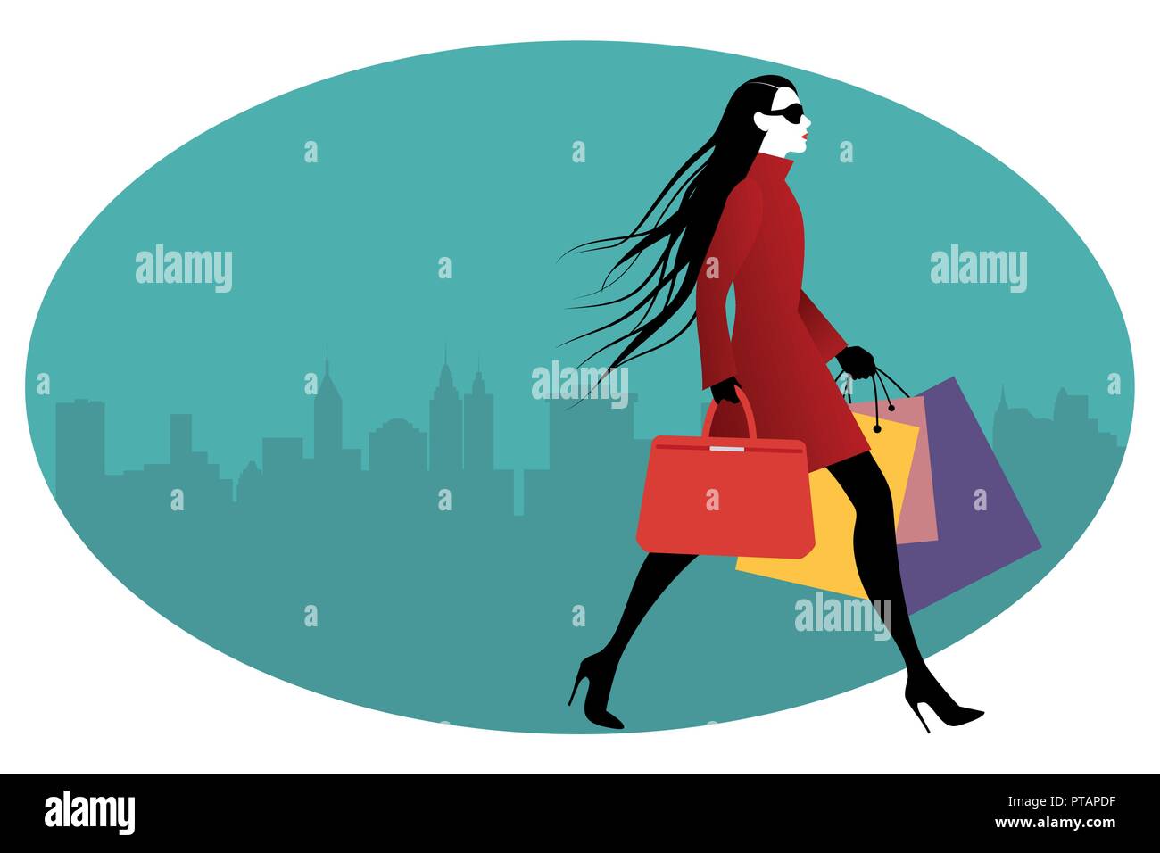 Fashionable woman with shopping bags walking on the street. Vector ...