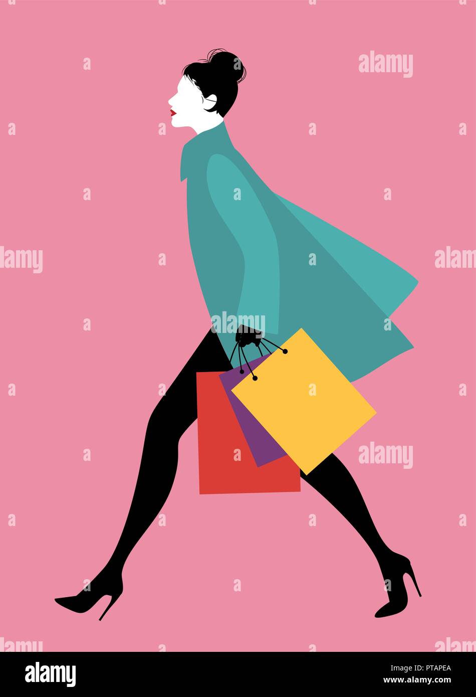 Fashionable woman with shopping bags walking on the street. Vector ...