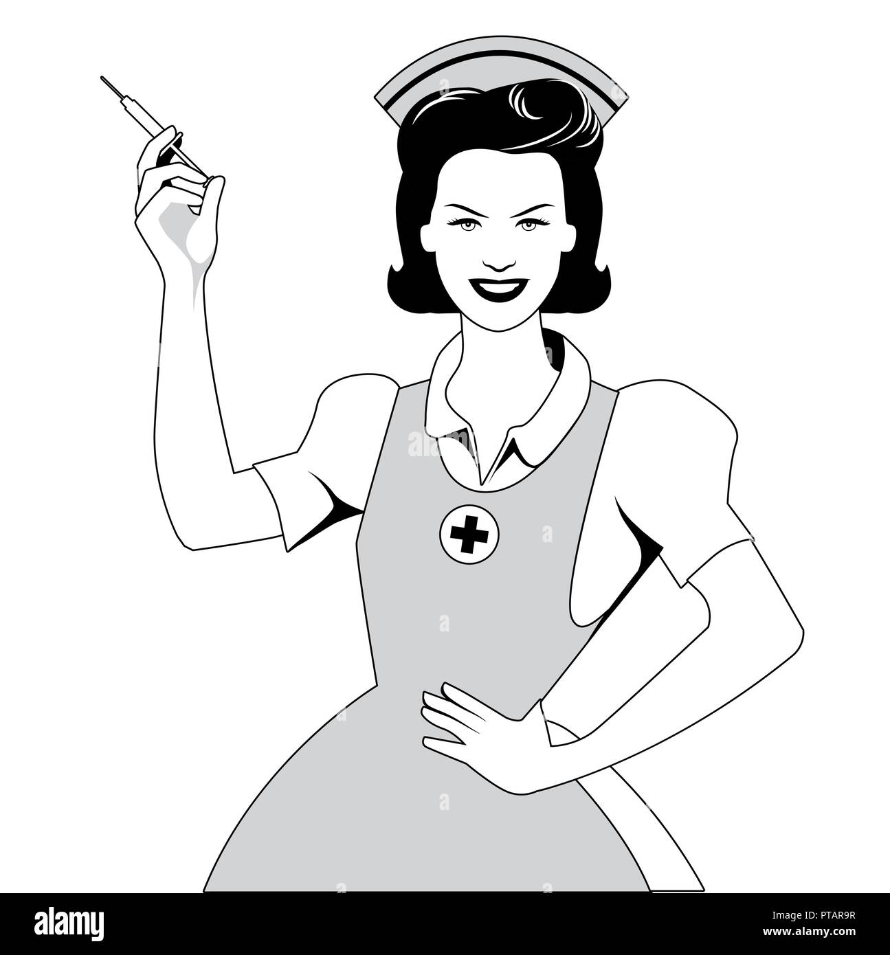 Beautiful and smiling retro nurse holding a syringe Stock Vector