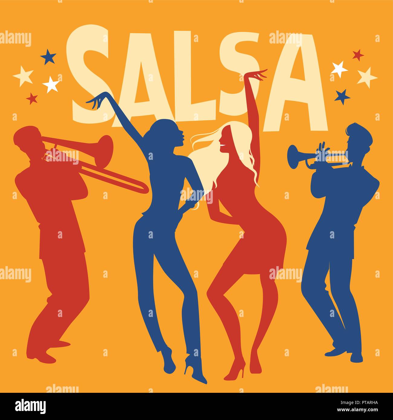 Silhouettes of two girls dancing salsa. Trumpeter and trombonist in the background. Stock Vector