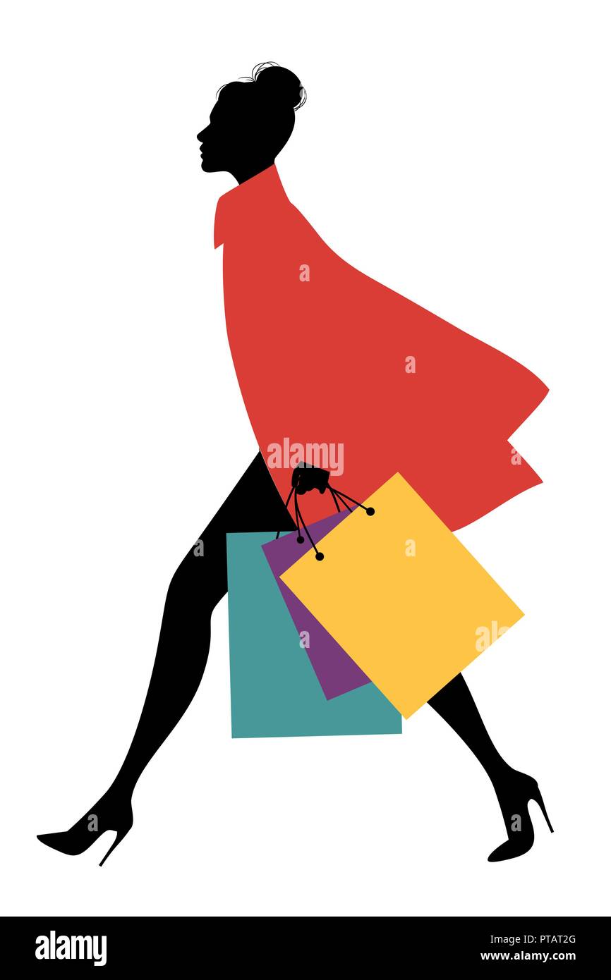 Fashionable woman with shopping bags walking on the street. Vector ...