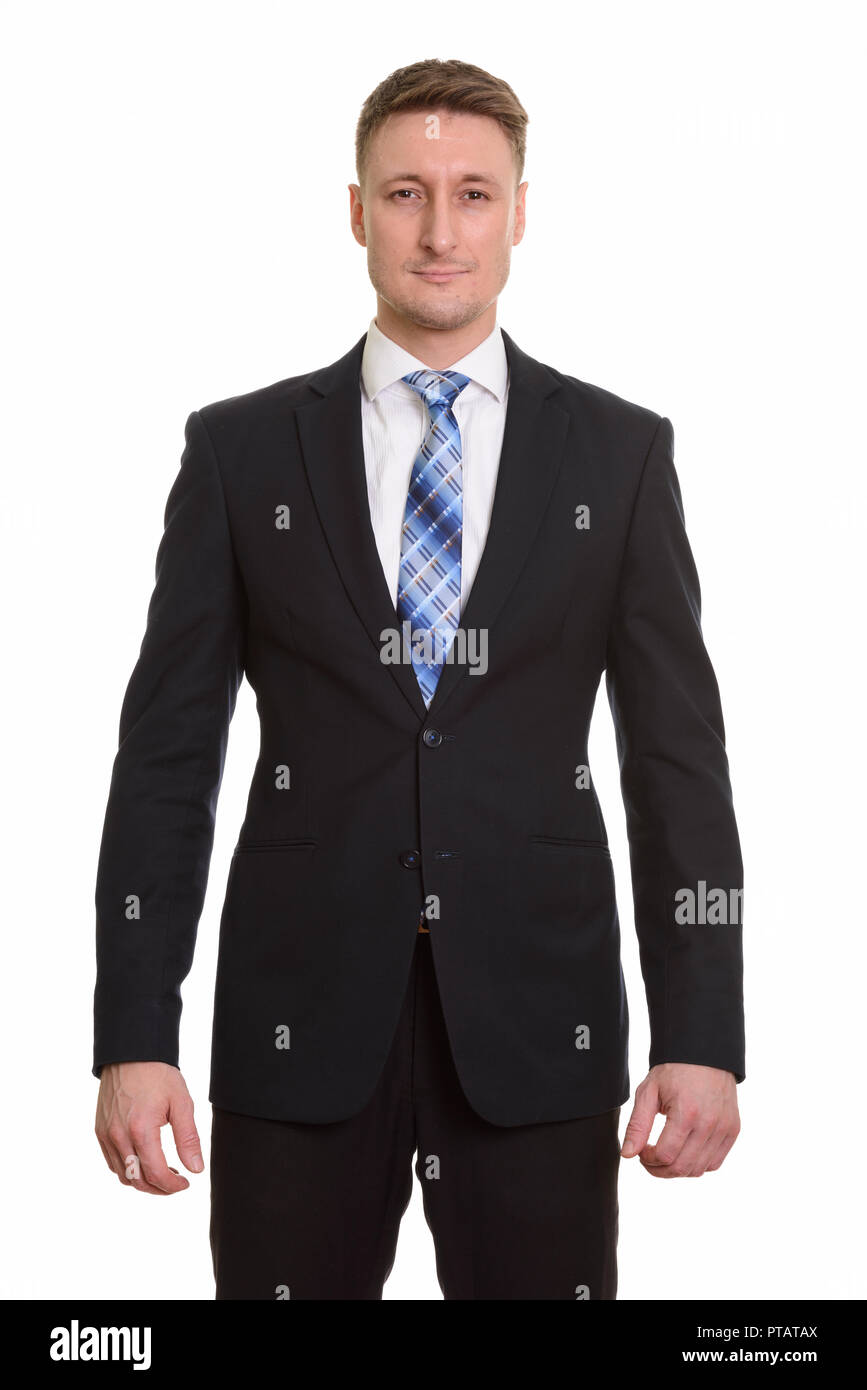 Handsome Caucasian man isolated against white background Stock Photo